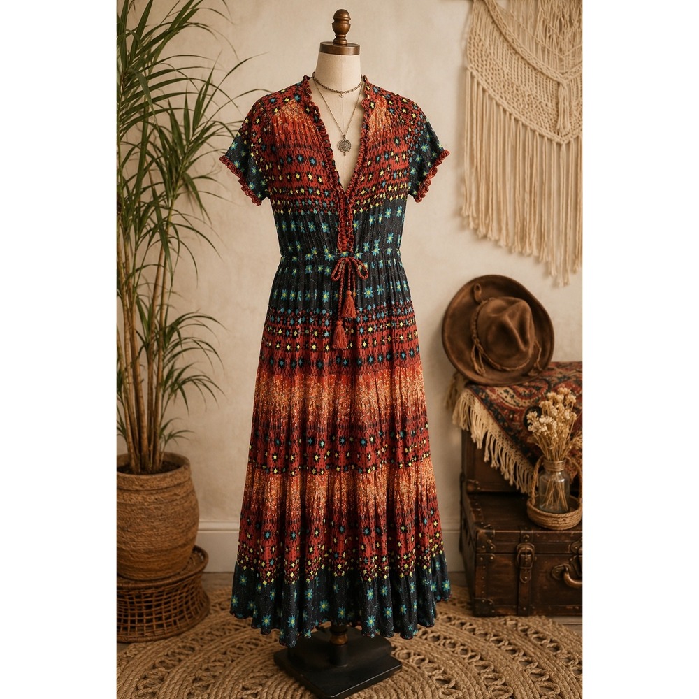 Free People Rare Feeling Maxi Dress XS‎ Rust Teal Floral Boho Tiered Autumn Full